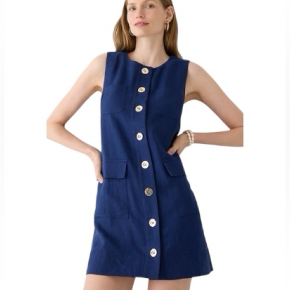 J. Crew Women Navy Button Front 100% Linen Sleeveless Shift Mini Preppy Dress XS